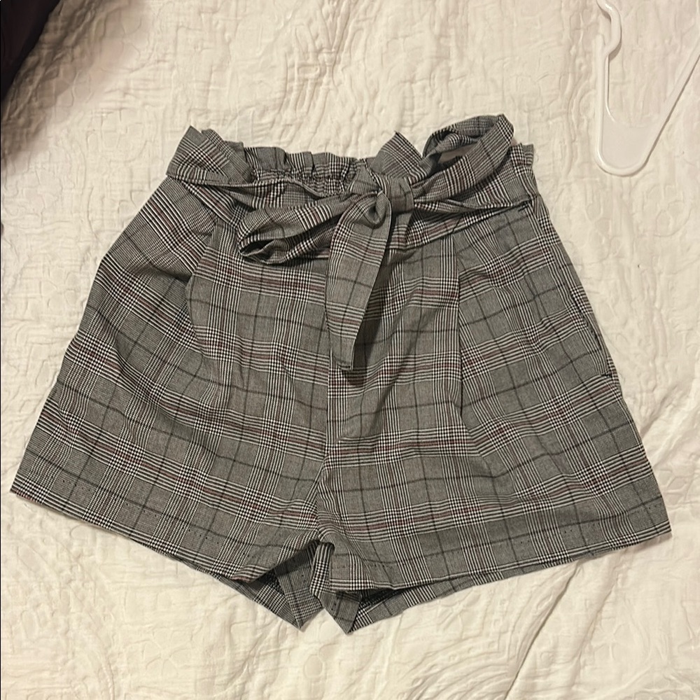 Gray High Waist Plaid Shorts with Tie Belt